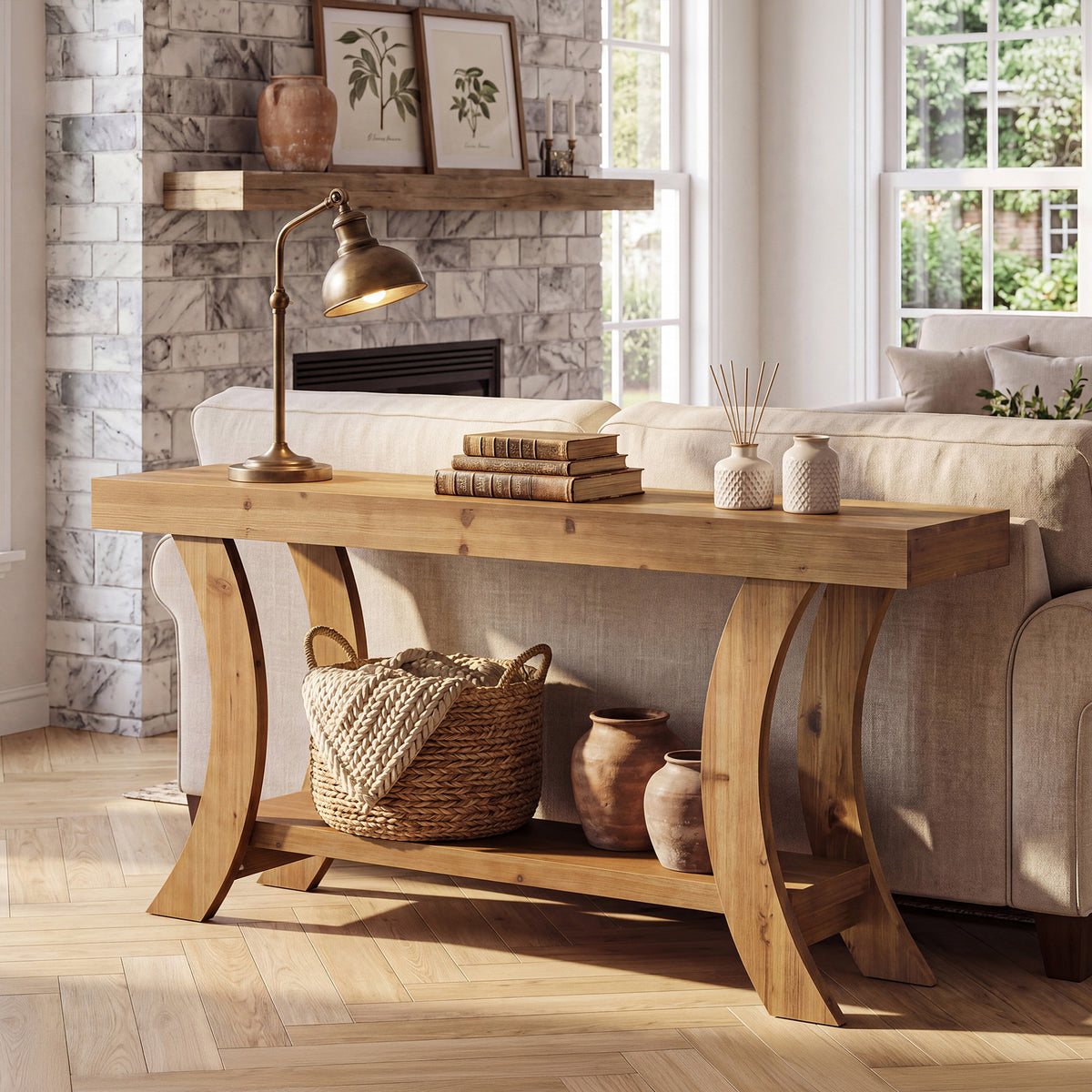 160cm Console Table, Solid Wood Hallway Table with Storage & Arched Frame
