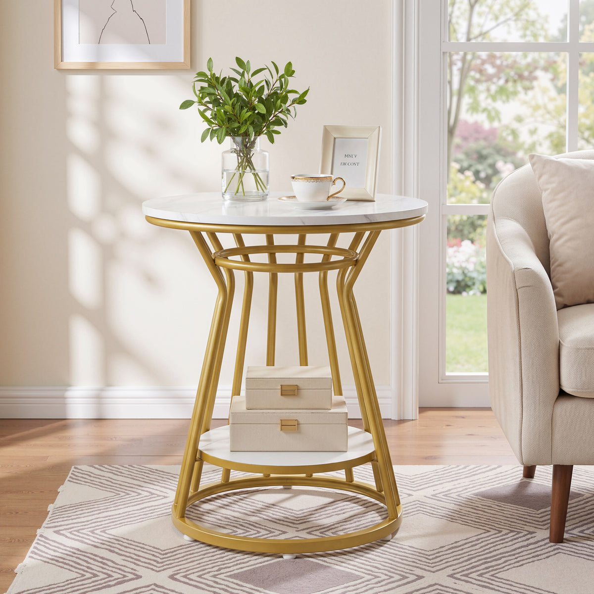 45cm Round End Table, 2-Tier Accent Side Table with Faux Marble Veneer & Metal Frame