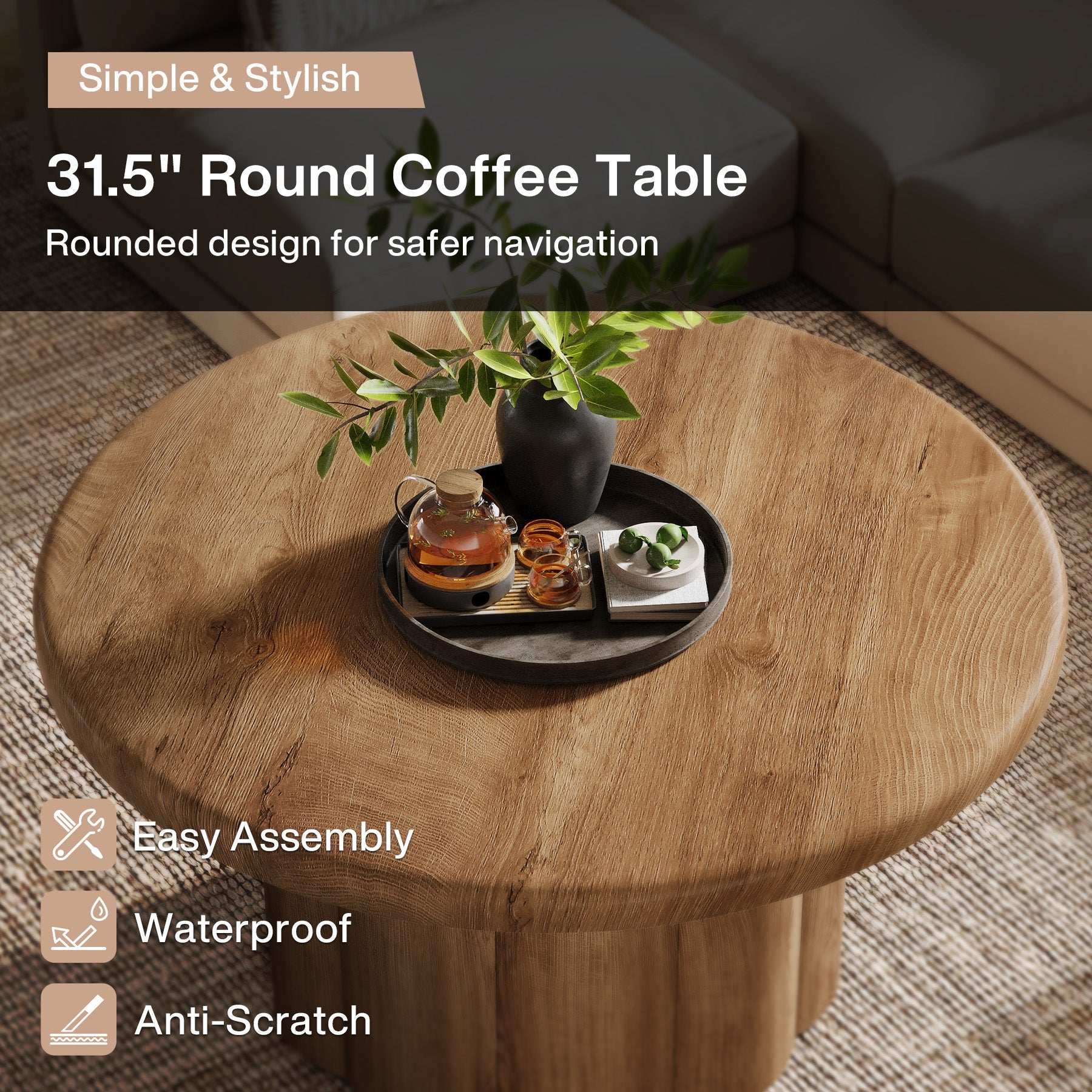 31.5" Rustic Fluted Drum Table, Round Farmhouse Center Table for Cozy Living