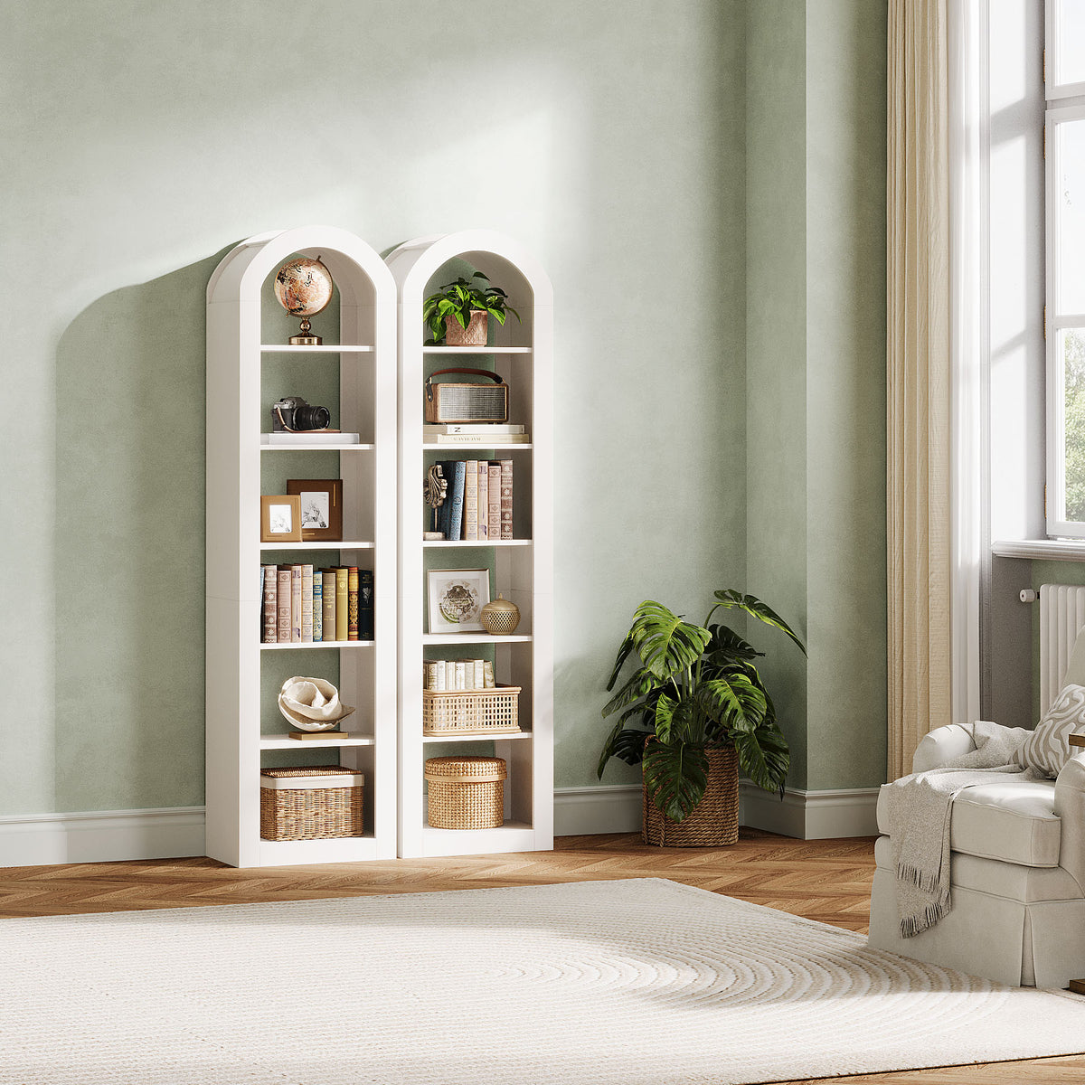 190cm Arched Bookshelf, 6-Tier Narrow White Storage Rack