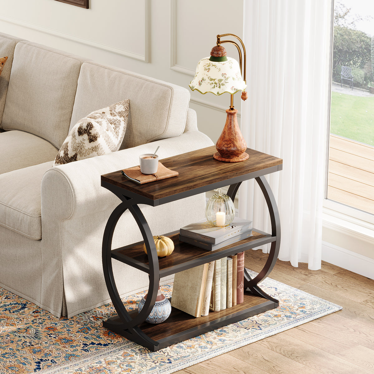 60cm Narrow Side Table, 3-Tier Industrial Wooden Nightstand for Small Spaces