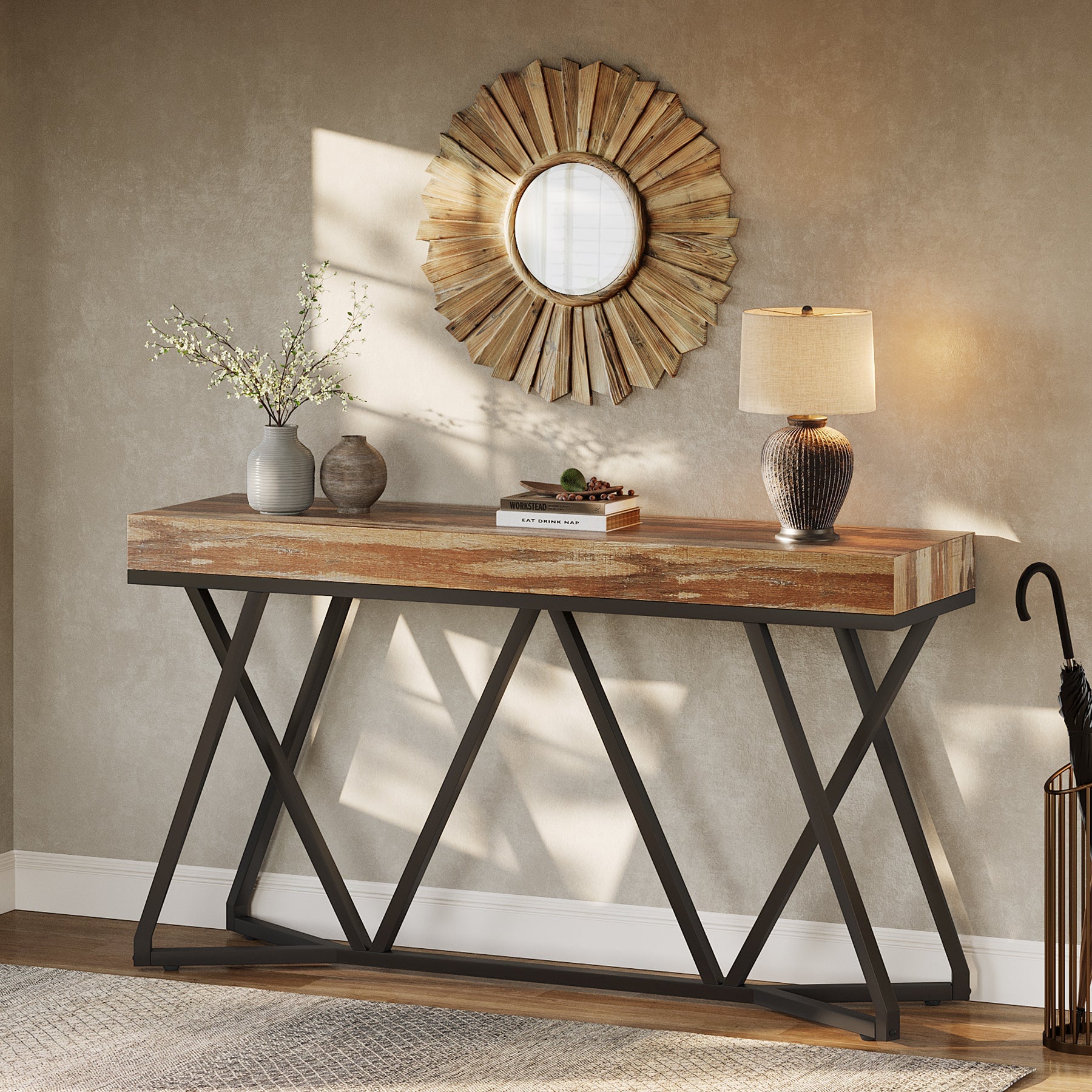 55" Farmhouse Console Table, Sofa Table Wood Entryway Table