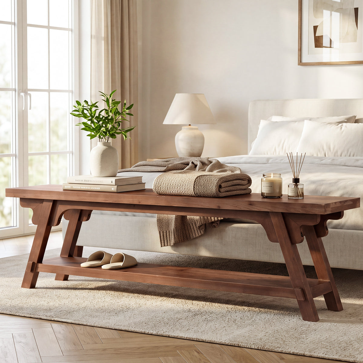 160cm Entryway Bench, Solid Wood 2-Tier End of Bed Bench
