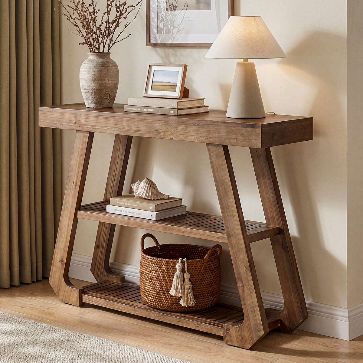 105cm Console Table, Solid Wood 3-Tier Rustic Hallway Table with A-Frame
