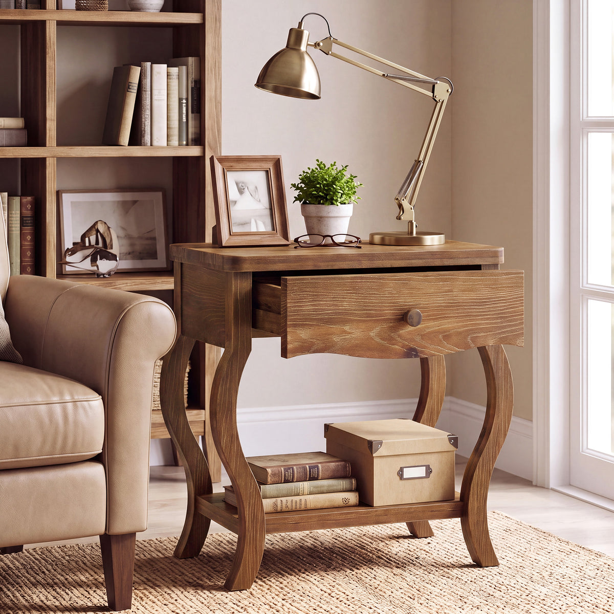 61cm End Table, Rustic Solid Wood Tall Side Table with Drawer for Living Room