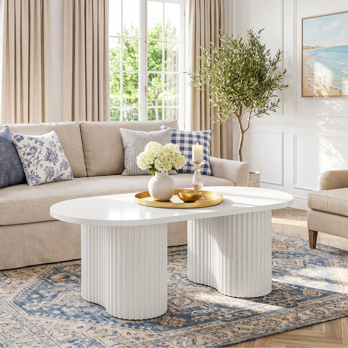 120cm Oval Coffee Table, Modern White Fluted Centre Table for Living Room & Office