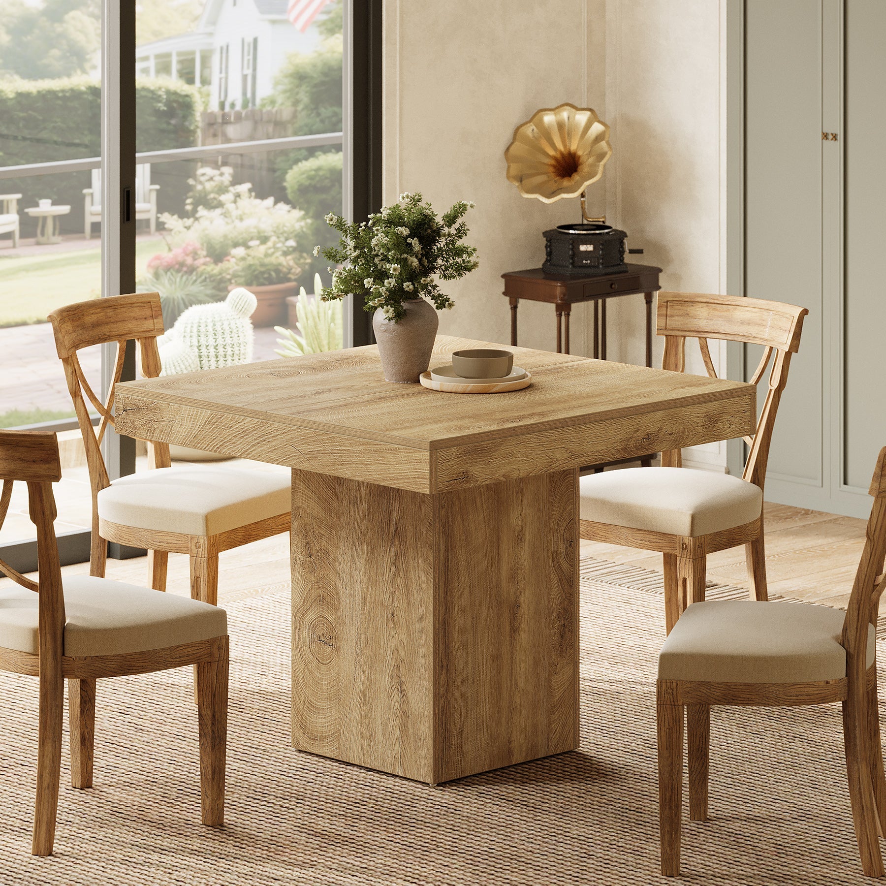 39" Square Farmhouse Dining Table, Solid Wood Kitchen Table with Pedestal Base for 4