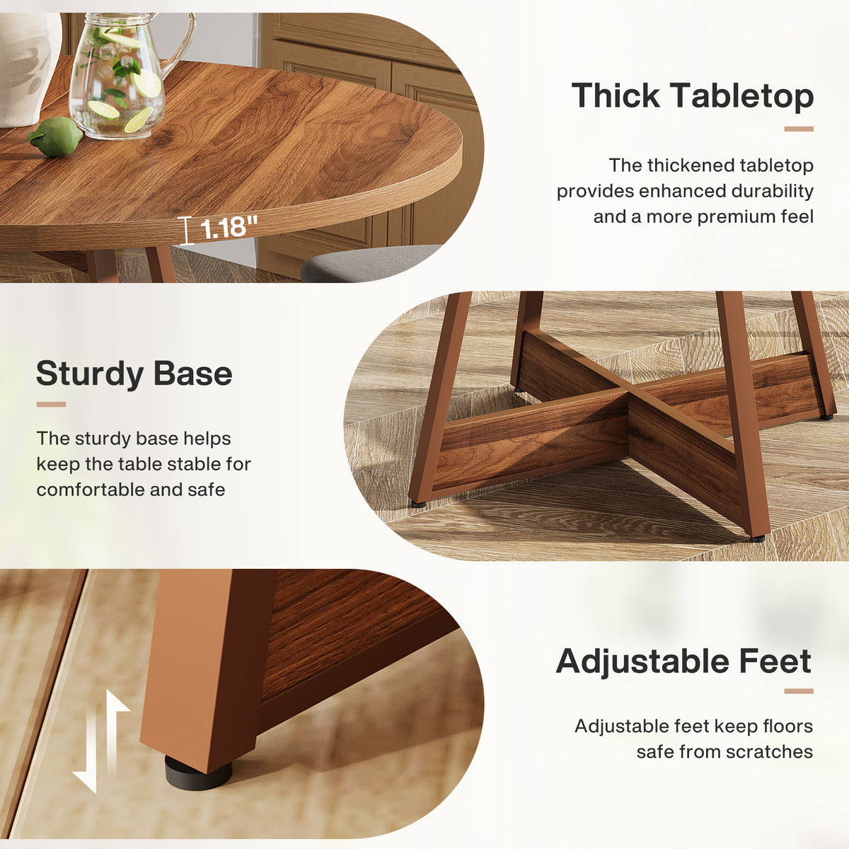 100cm Round Dining Table, Country Style Wooden Table for 2-4 People