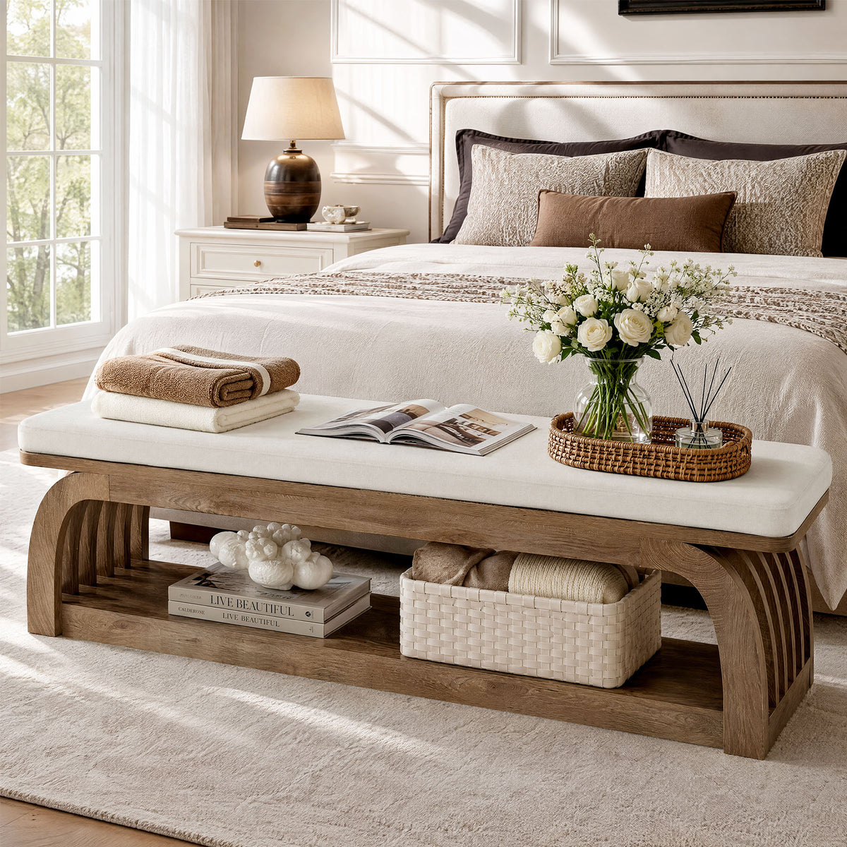140cm Entryway Bench, Upholstered 2-Tier Shoe Storage with Hollow Legs for Hallway