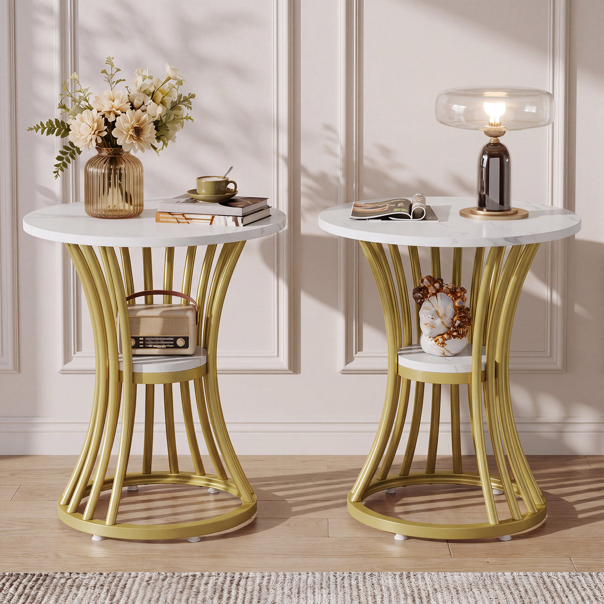 48cm Round Faux Marble End Table, 2-Tier Modern Side Table for Living Room Patio