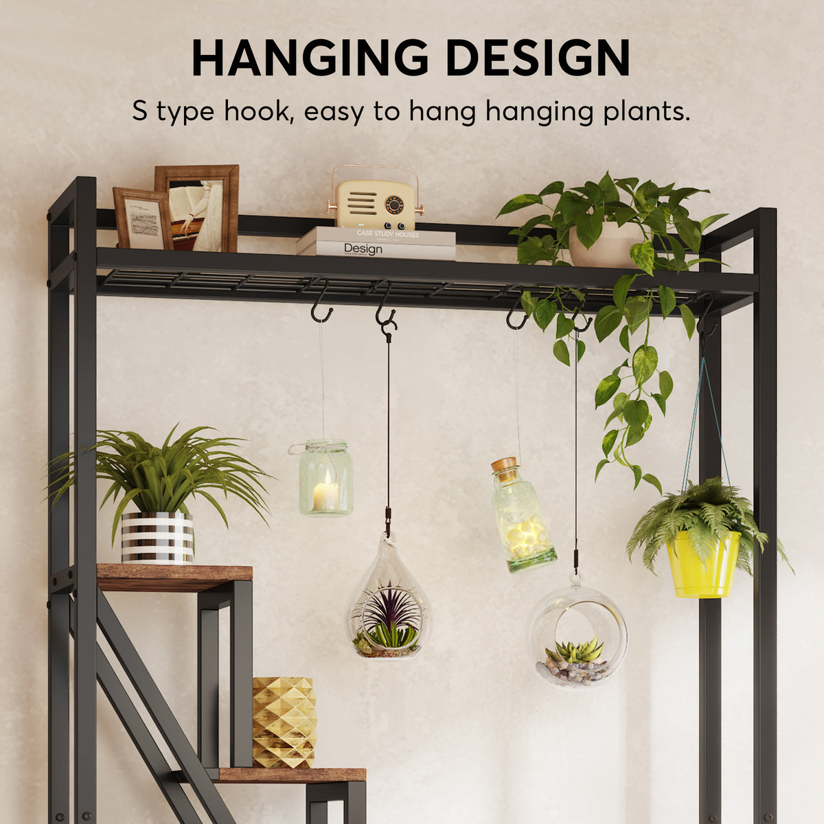 180cm Tall 7-Tier Plant Stand, Tall Flower Plant Shelf with 5 S-Hooks