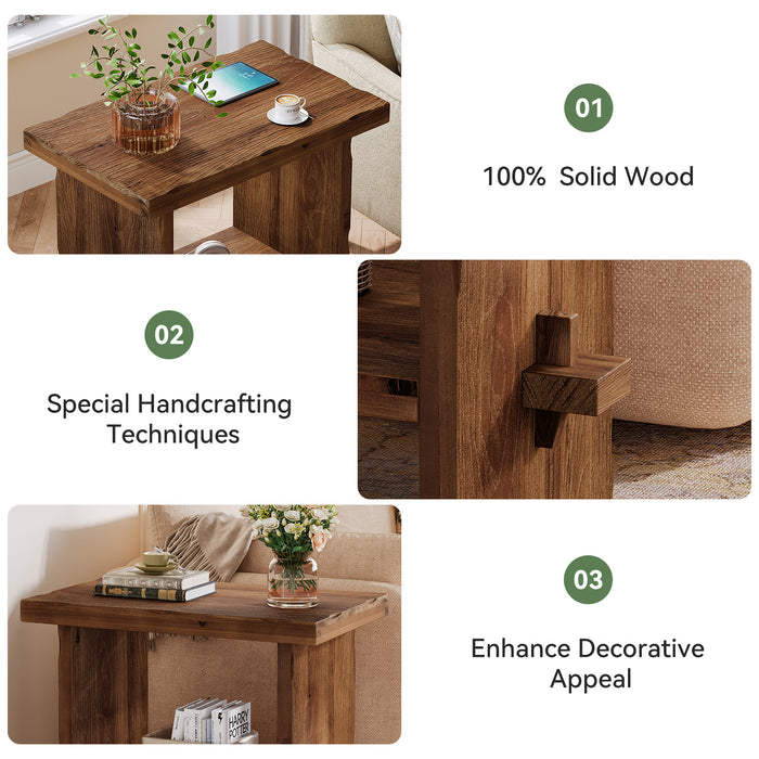 60cm Side Table, 2-Tier Solid Wood Compact Nightstand for Living Room