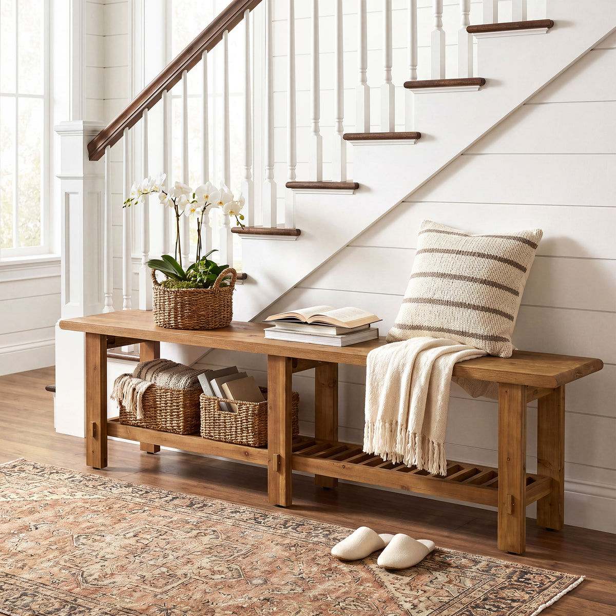 160cm Entryway Bench, Solid Wood Narrow End of Bed Bench with Shoe Storage