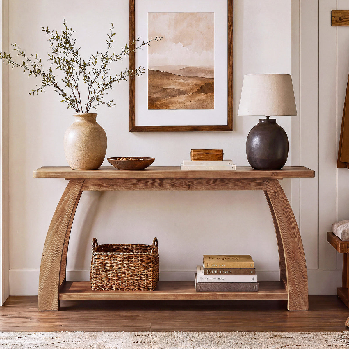 160cm Console Table, Solid Wood 2-Tier Arched Leg Entryway Table