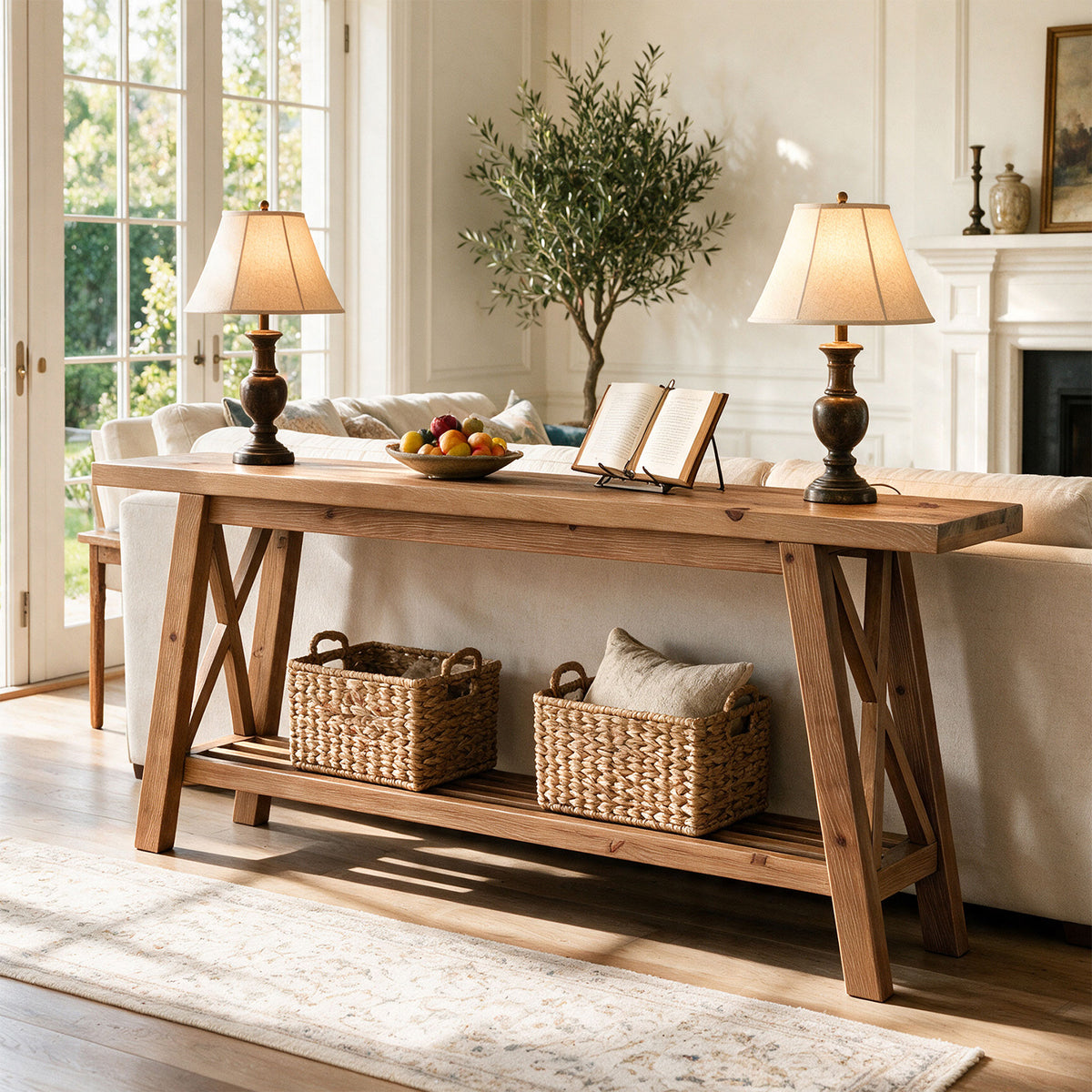 160cm Console Table, Solid Wood X-Brace 2-Tier Entryway Sofa Table with Storage