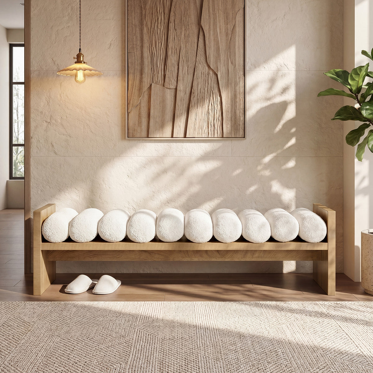150cm Entryway Bench, Upholstered Boucle Cushion End of Bed Bench for Hallway
