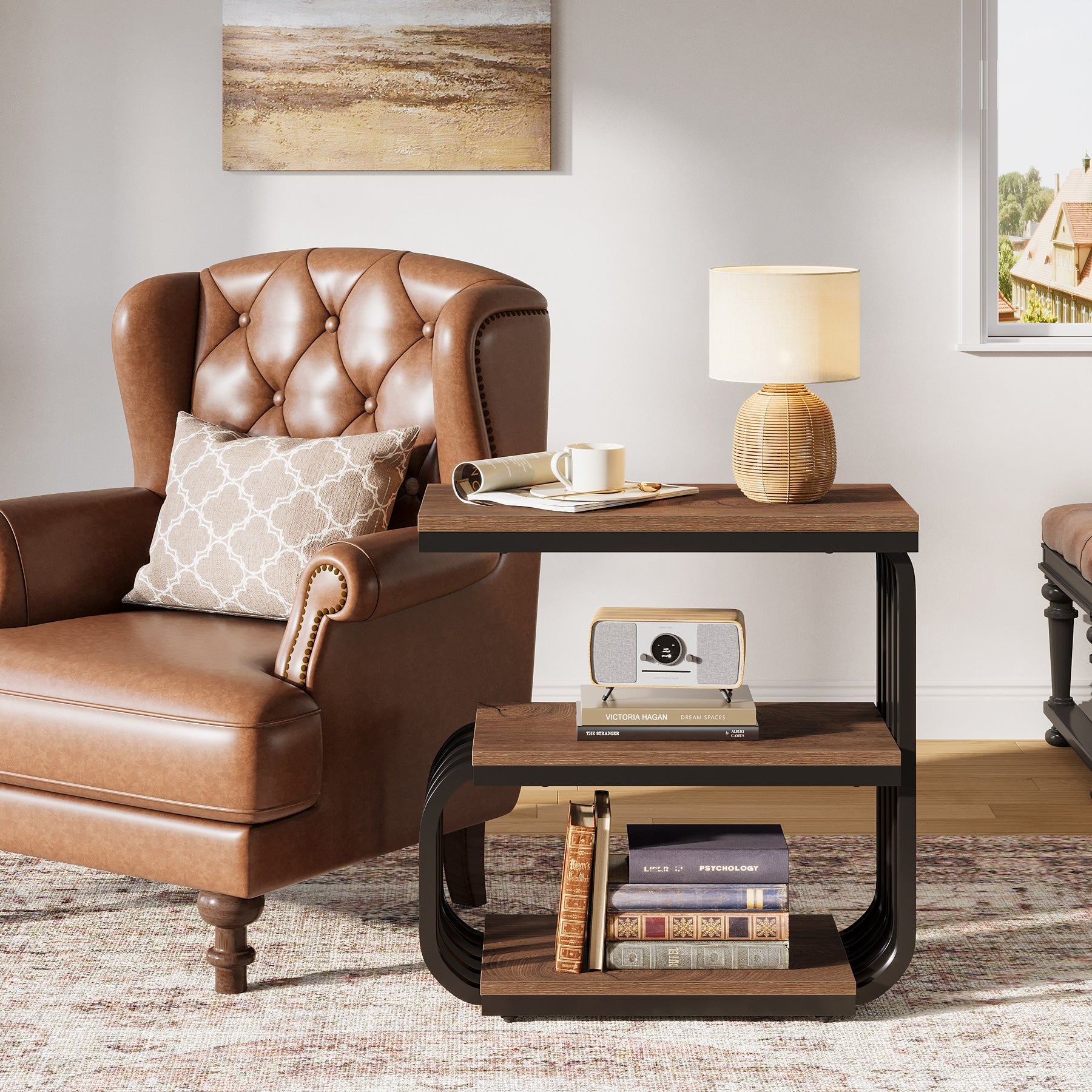3-Tier Narrow End Table, C-Shaped Side Table for Living Room