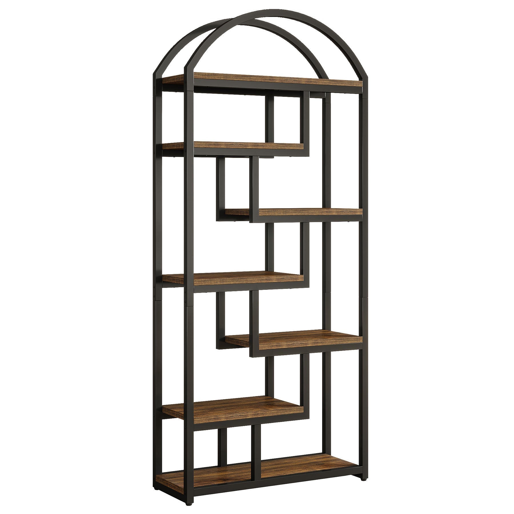 71" Industrial Bookshelf, Arched Bookcase with Open Display Shelves