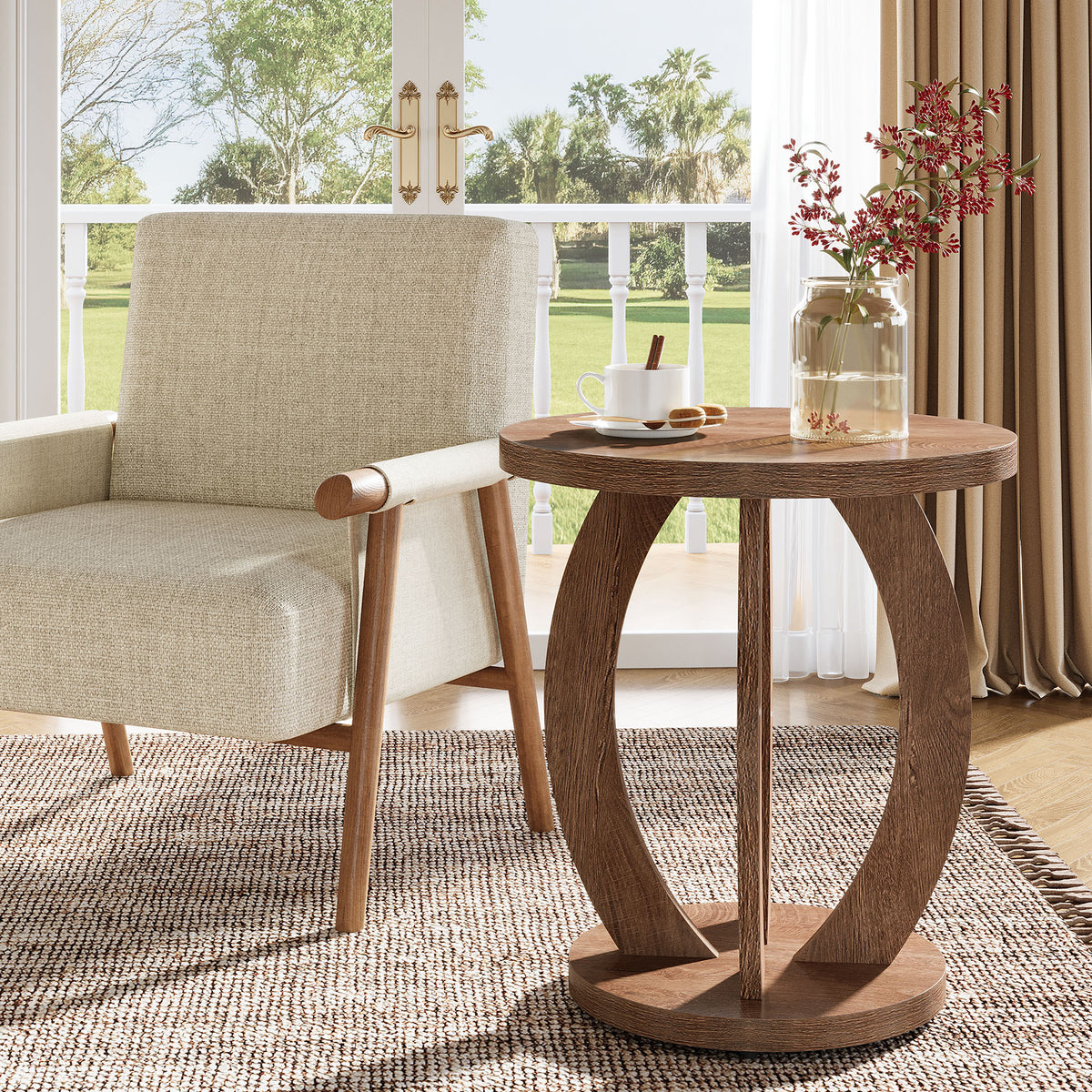 60cm Round End Table, Rustic Side Table with Storage for Living Room