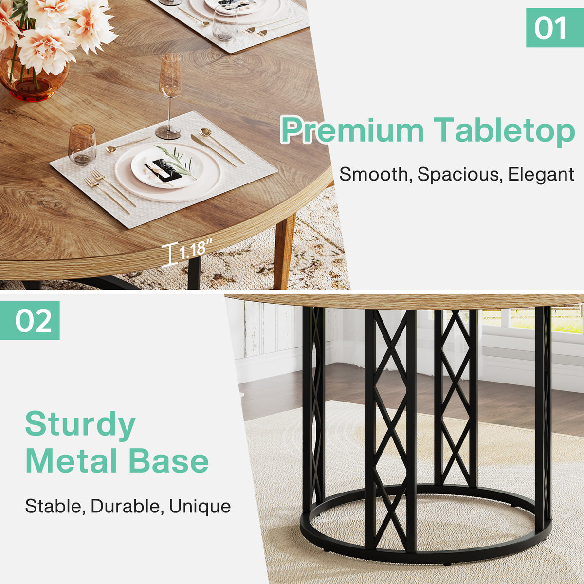 120cm Round Dining Table, 4-Seater Wood & Metal Kitchen Table