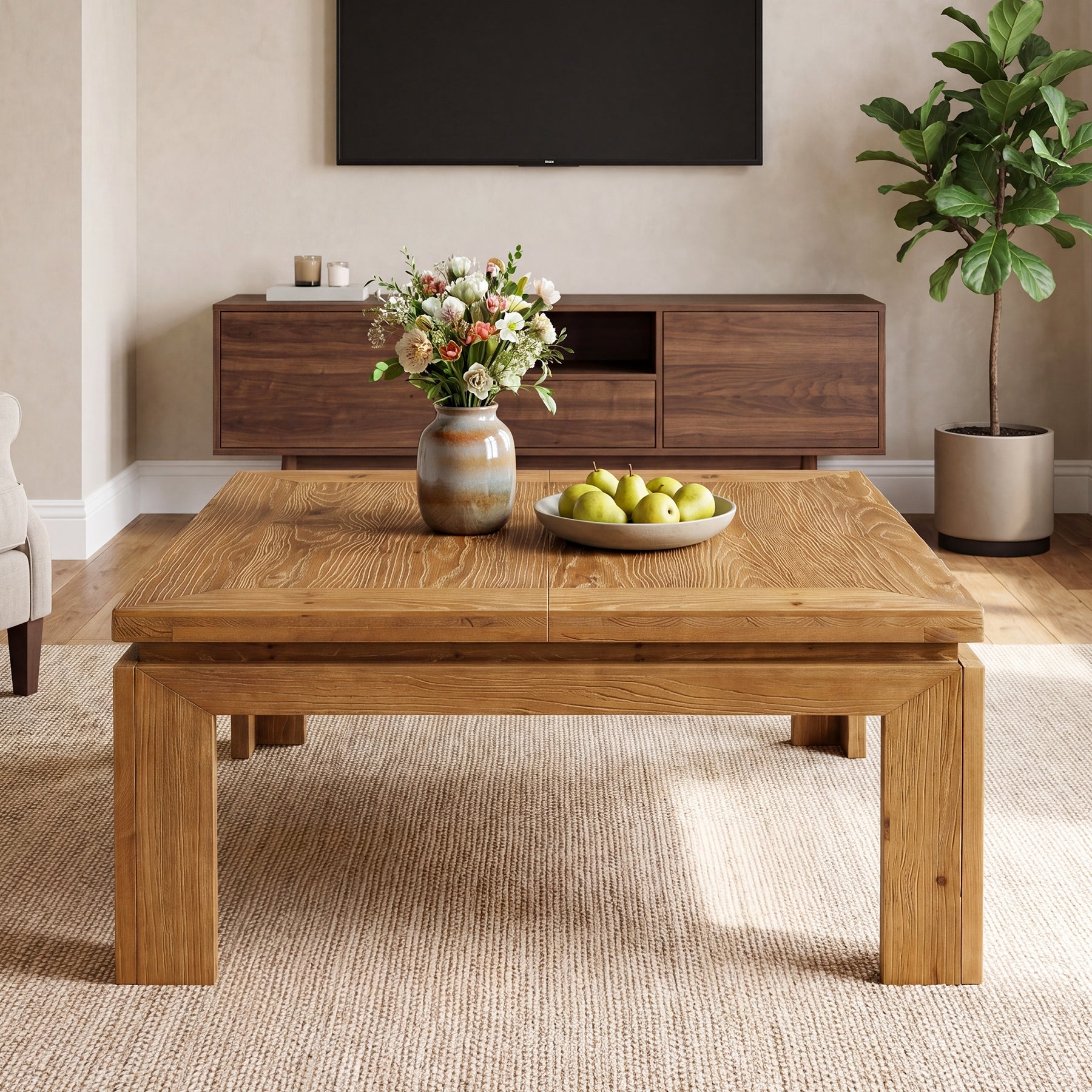 39.4" Solid Wood Coffee Table with Recessed Edge, Square Farmhouse Center Table for Living Room