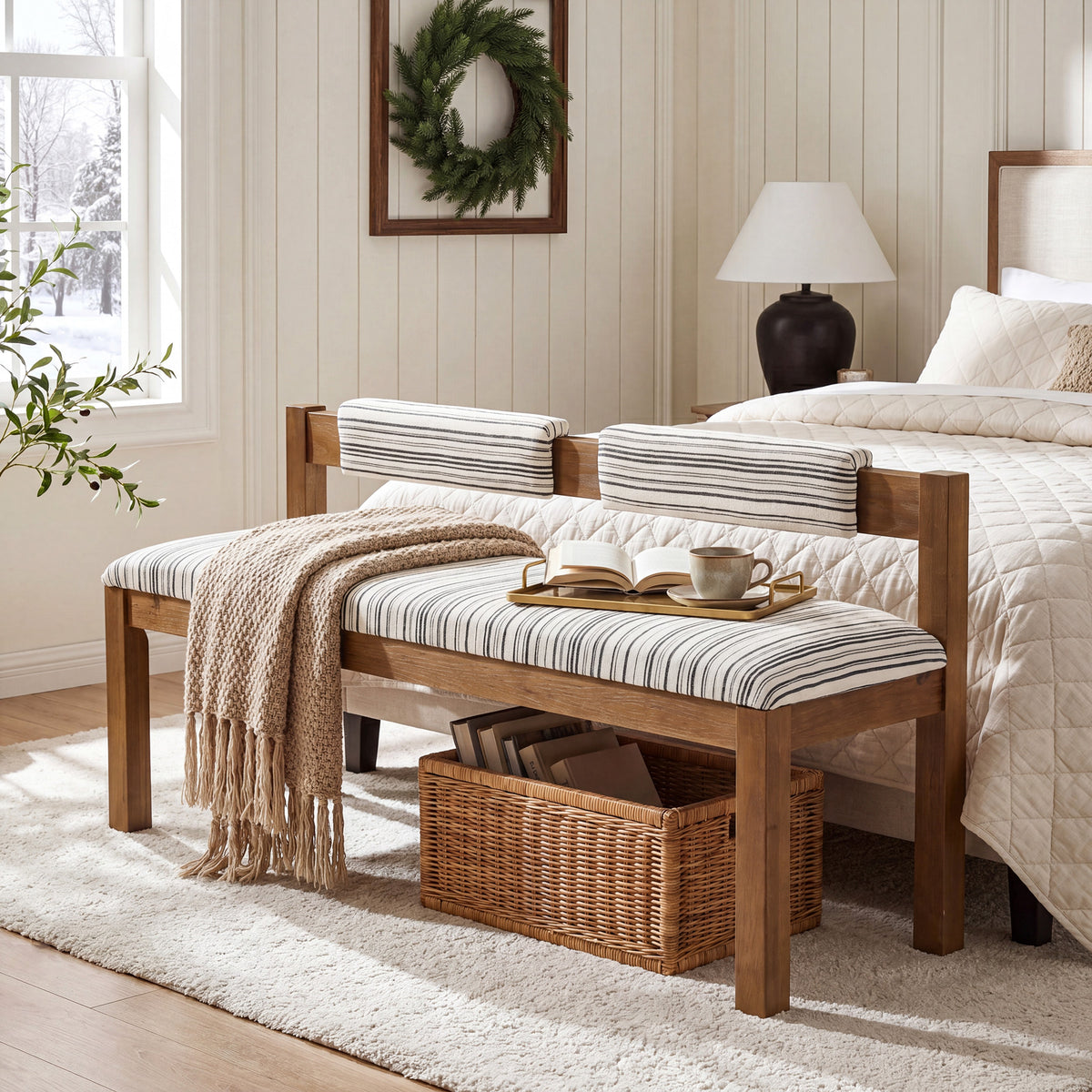 140cm Dining/shoe Bench, Upholstered Solid Wood with Chenille Seat & Backrest for 2-3 People