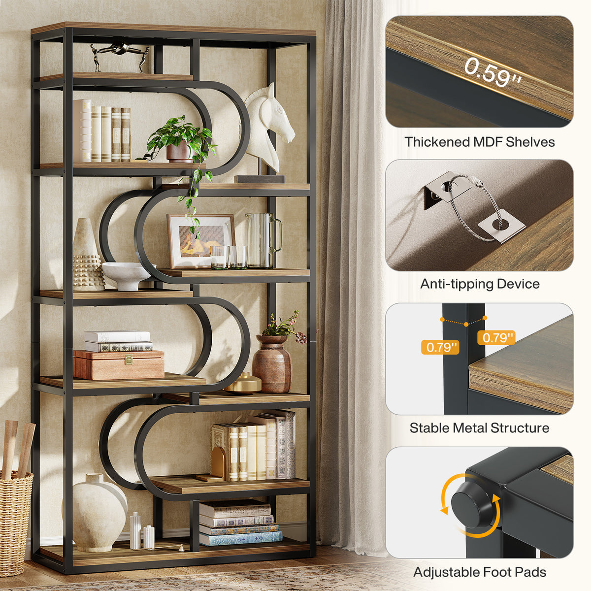 180cm 5-Tier Bookcase, Industrial Metal Frame Shelf for Home Office