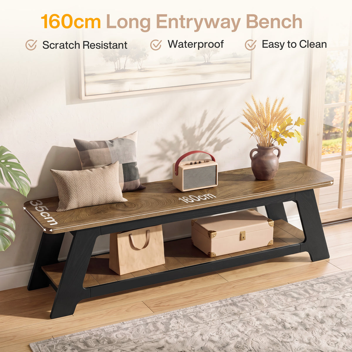 160cm Entryway Bench, Farmhouse Wooden Shoe Storage Bench with Shelf for Hallway