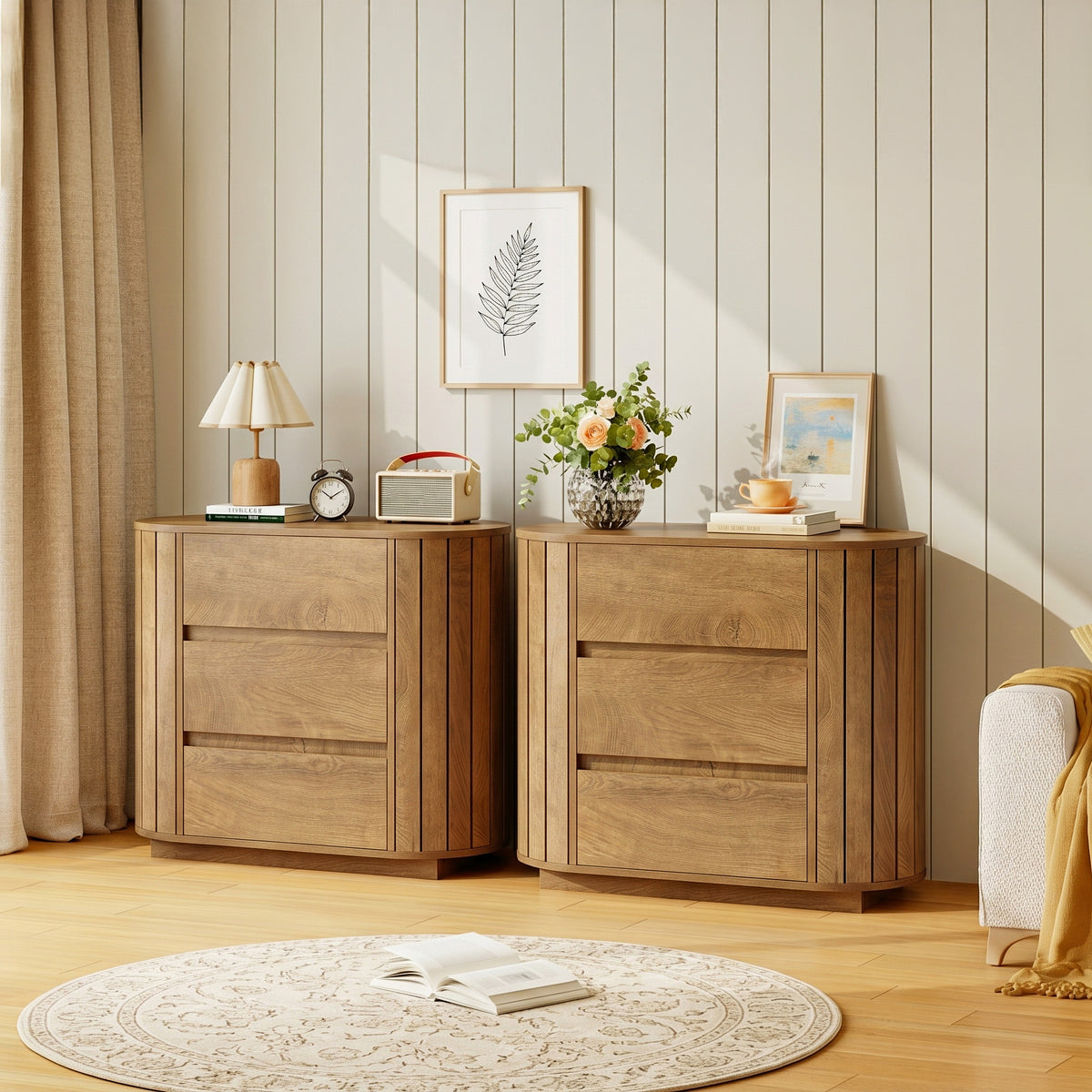 90cm Chest of Drawers, Modern Oak Effect 3-Drawer Cabinet with Slatted Sides