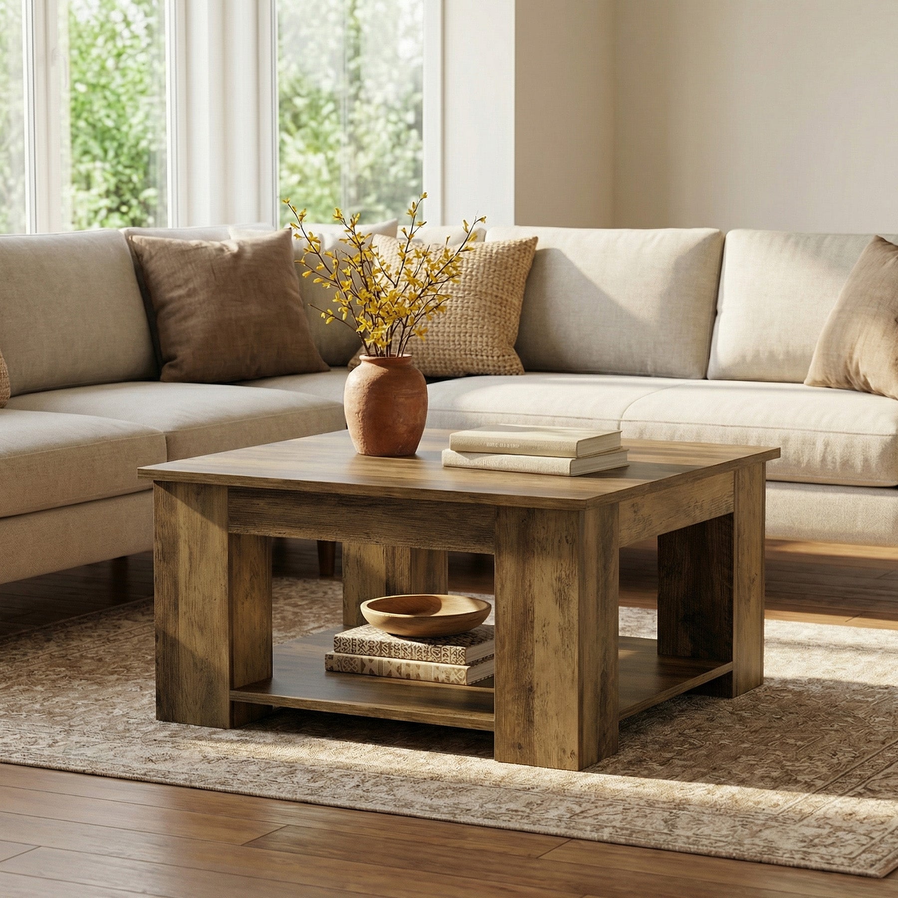 80cm Square Coffee Table, 2-Tier Center Table Cocktail Tea Furniture for Living Room