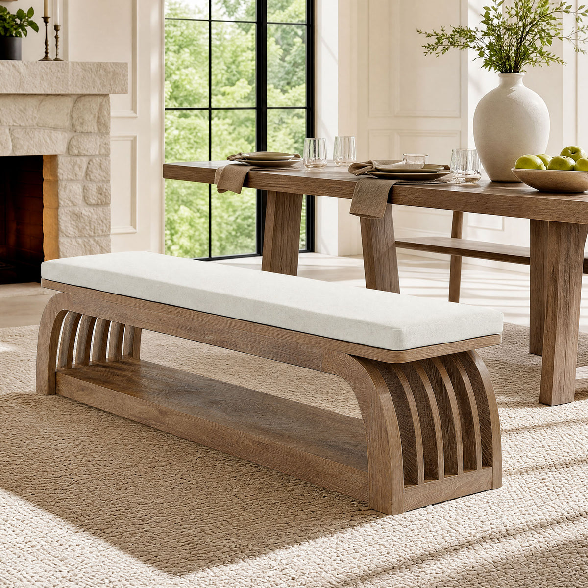 140cm Dining Bench, Upholstered 2-Tier Farmhouse Kitchen Bench with Hollow Legs