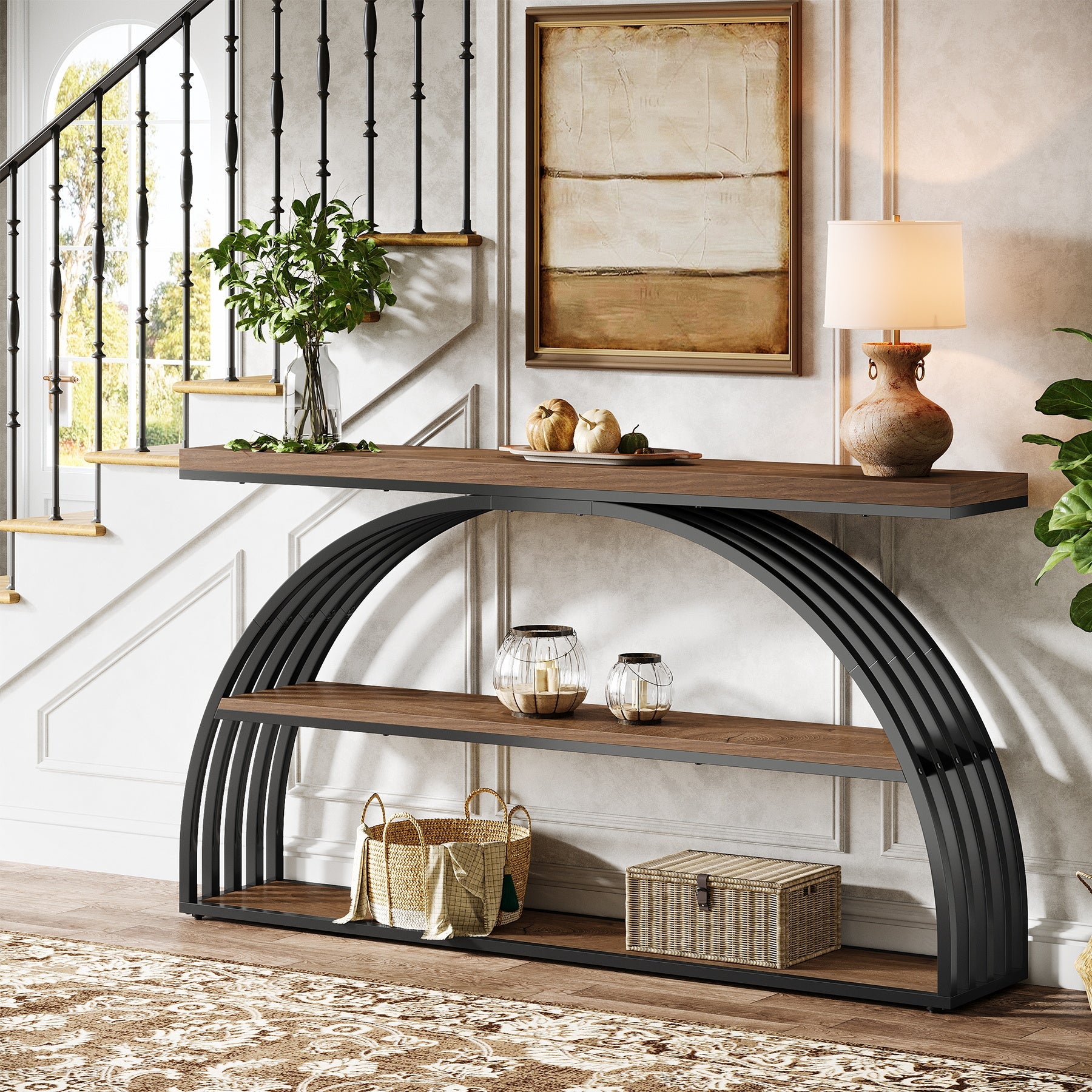 63" Console Table with 3-Tier Storage Shelves, Arched Frame Sofa Table for Living Room