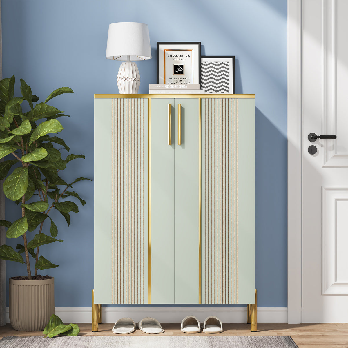 100cm Shoe Cabinet, White 6-Shelf Storage Cabinet with Gold Accents