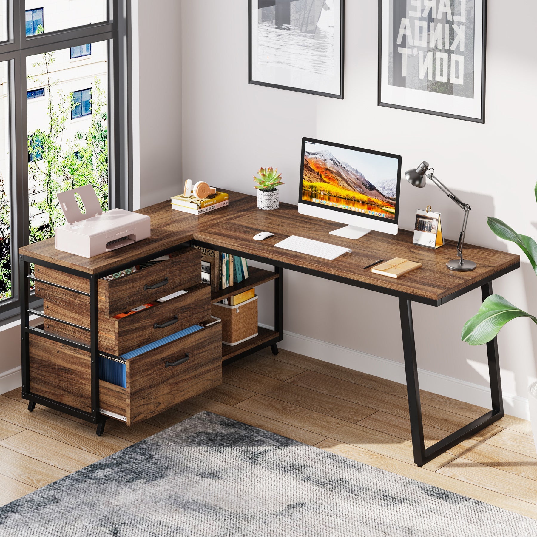 53" Reversible L-Shaped Computer Desk with 3 Drawers and Shelves
