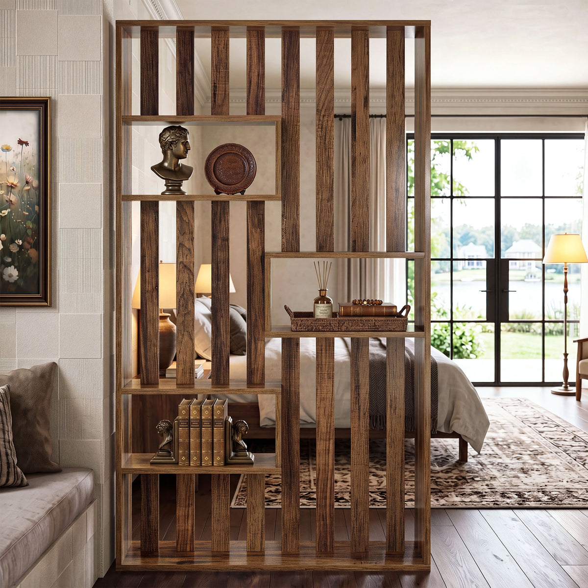 180cm Room Divider, Freestanding Slatted Partition with Built-in Shelves