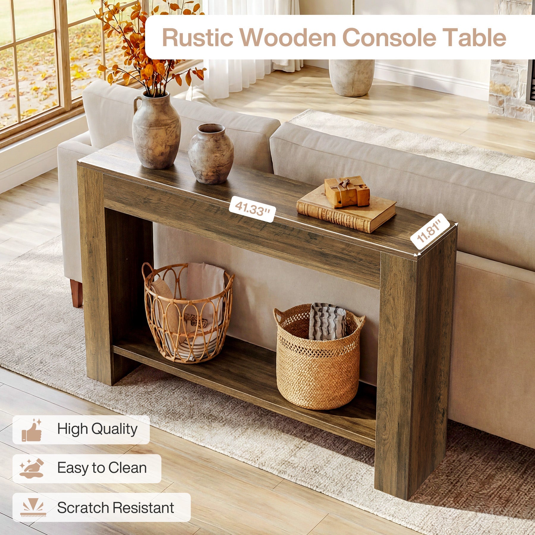 105cm Farmhouse Console Table with 2-Tier Shelf, Narrow Entryway Sofa Table with Storage