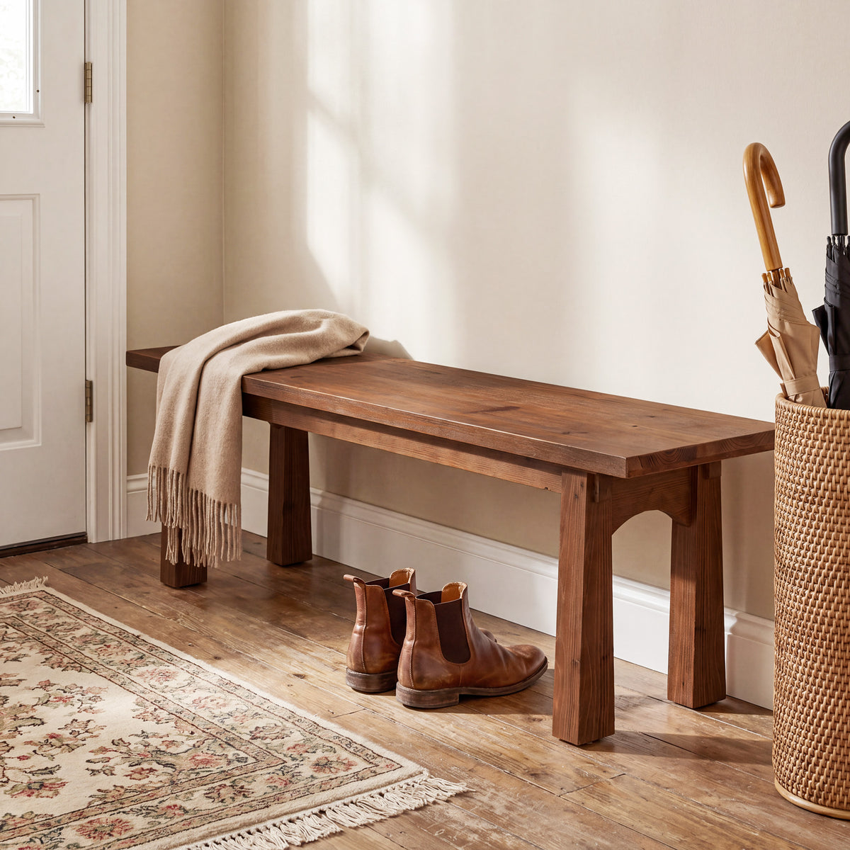 140cm Entryway Bench, Solid Wood Farmhouse Shoe Bench