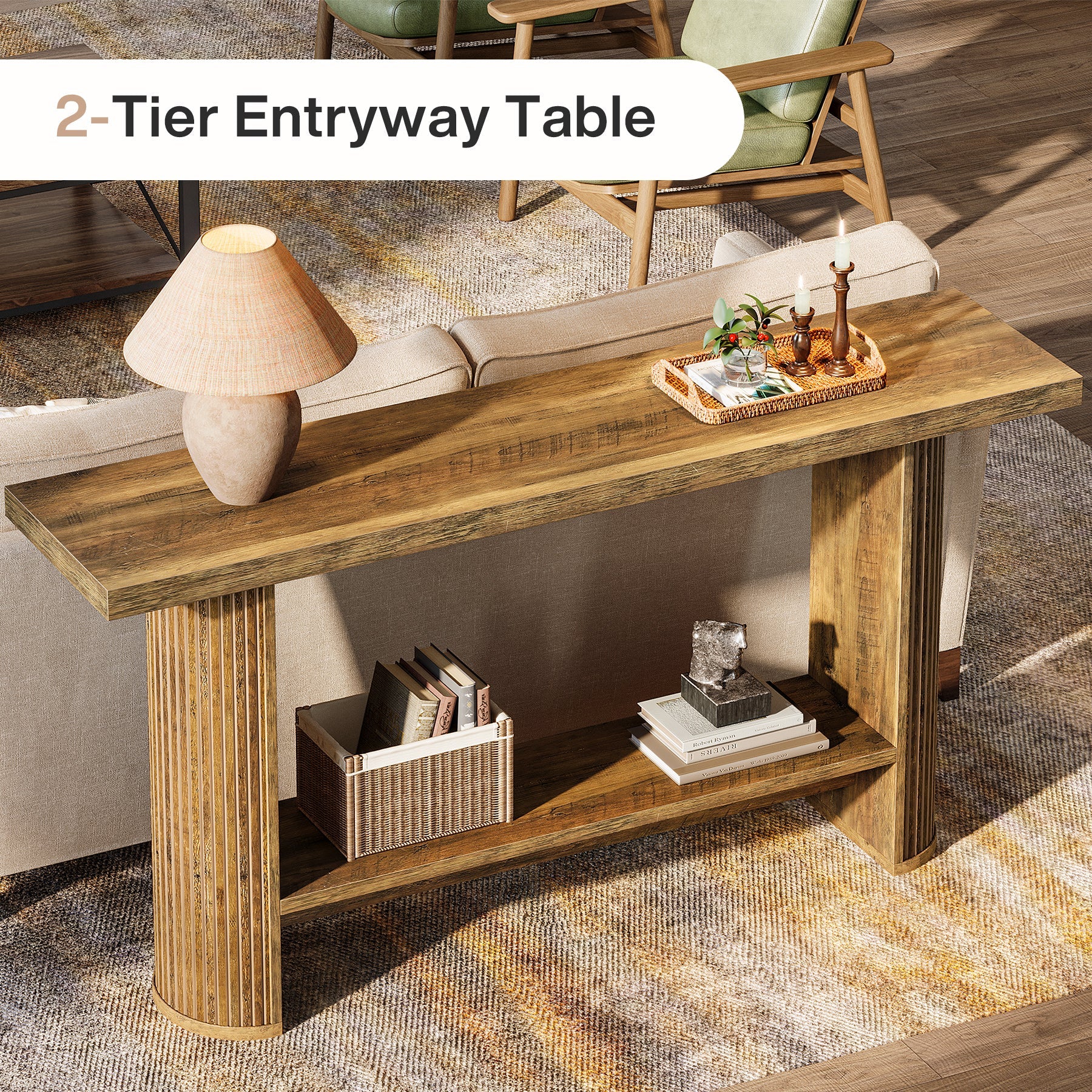 55" Narrow Console Table with Storage Shelf, Rustic Entryway Sofa Table