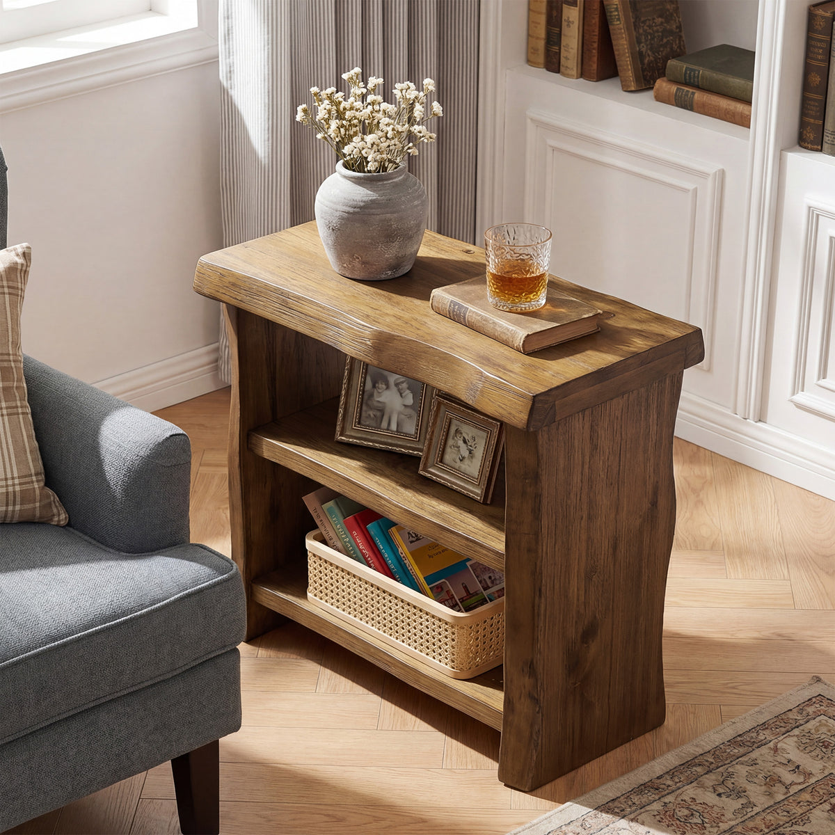 60cm End Table, 3-Tier Solid Wood Narrow Side Table with Live Edge Design for Living Room
