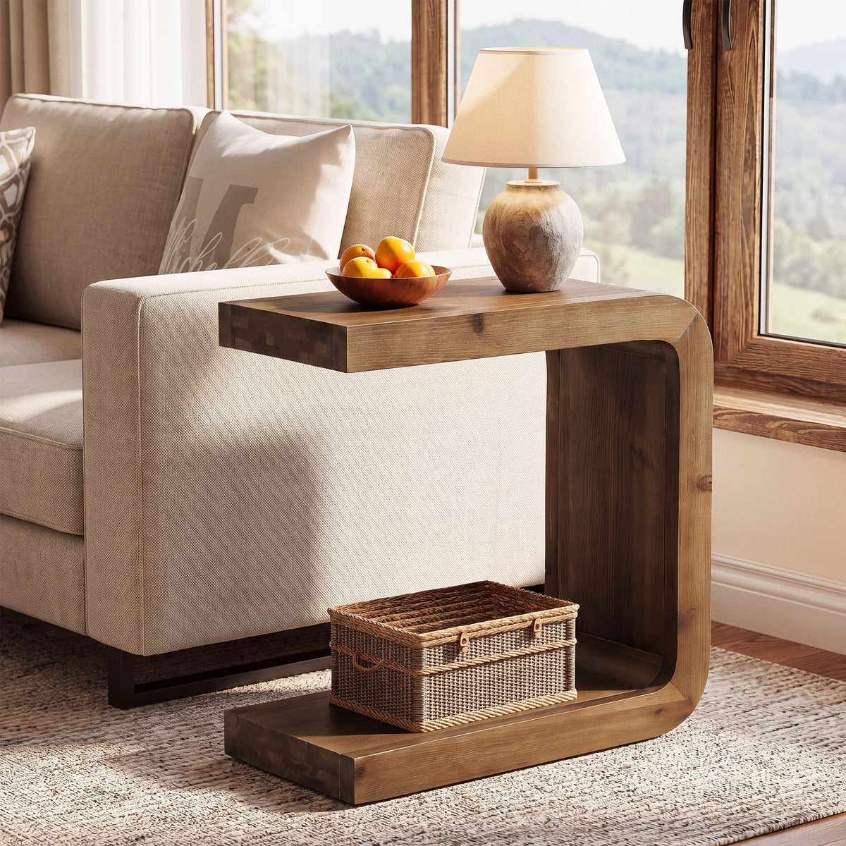 60cm C-Shaped Side Table, Solid Wood 2-Tier End Table with Storage