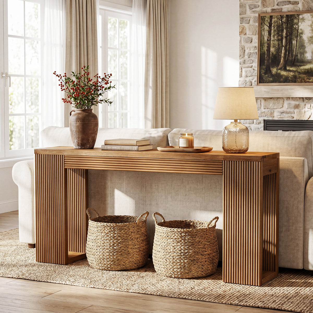 160cm Console Table, Solid Wood Narrow Hallway Table with Ribbed Legs
