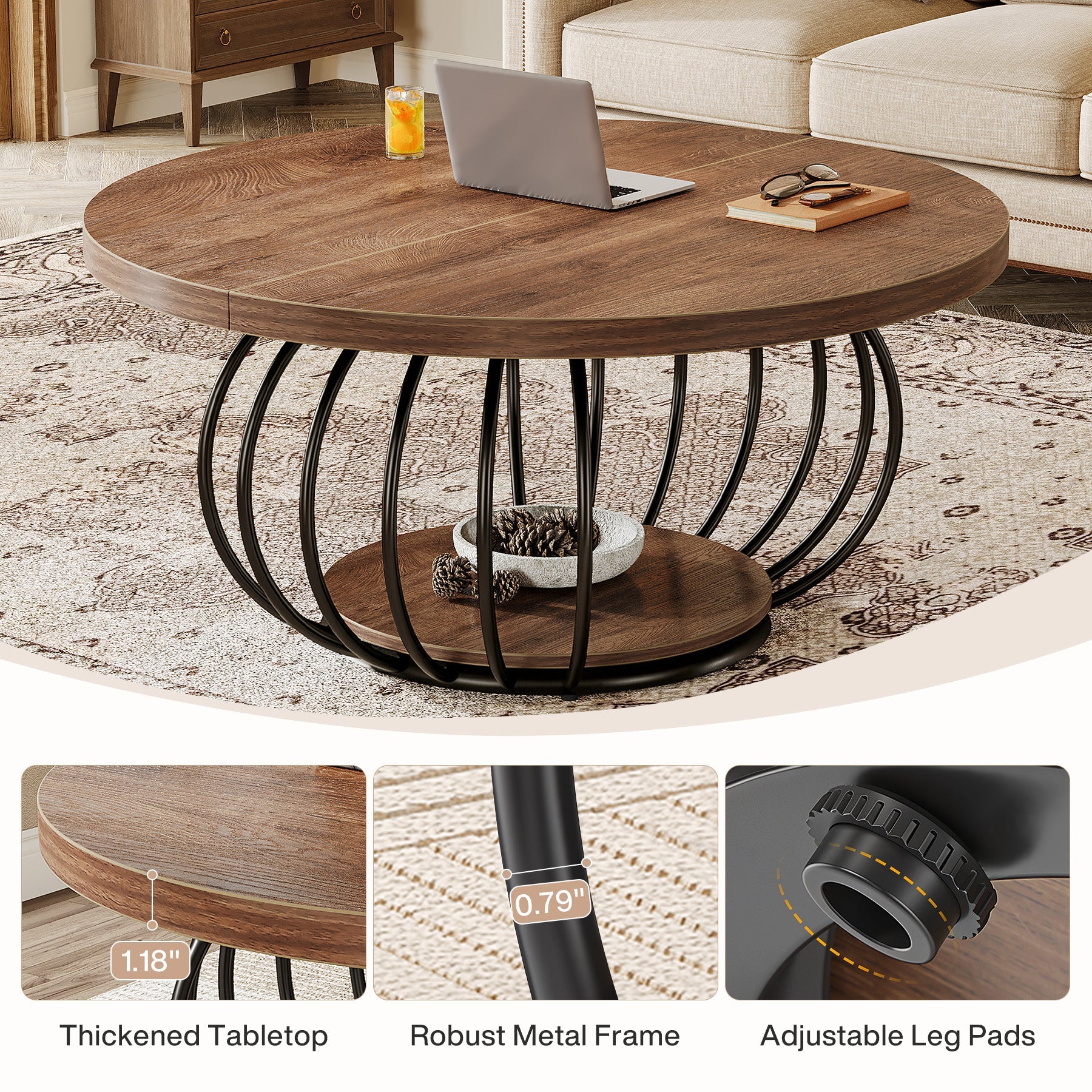 39" Round Coffee Table - 2-Tier Industrial Cocktail Table with Metal Frame, Rustic Brown & Black