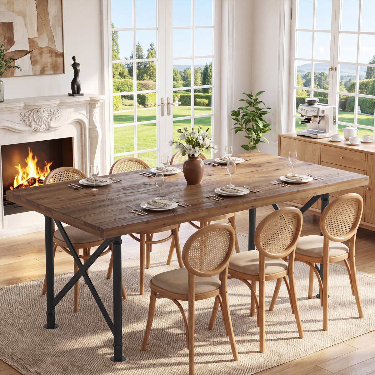 160cm Dining Table, Solid Wood 4-6 Seater with X-Frame Metal Legs