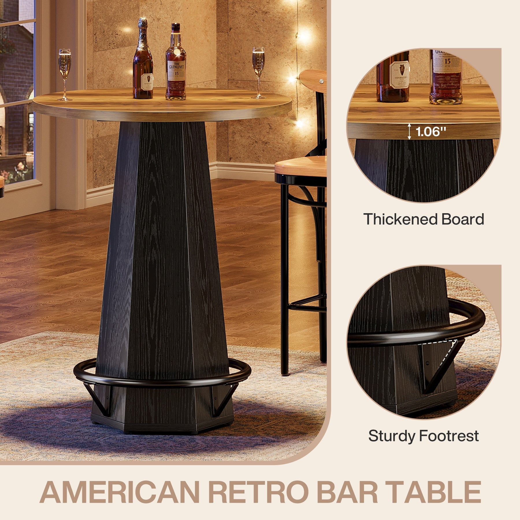 Round Bar Table, 39.4" H Bistro Pub Cocktail Table with Metal Footrest (Only Table)