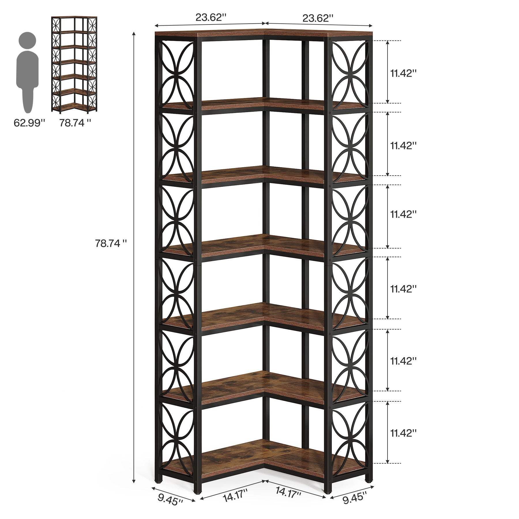 79" 7-Tier L-Shaped Corner Bookshelf, Tall Wood Bookcase with Metal Frame for Living Room or Office