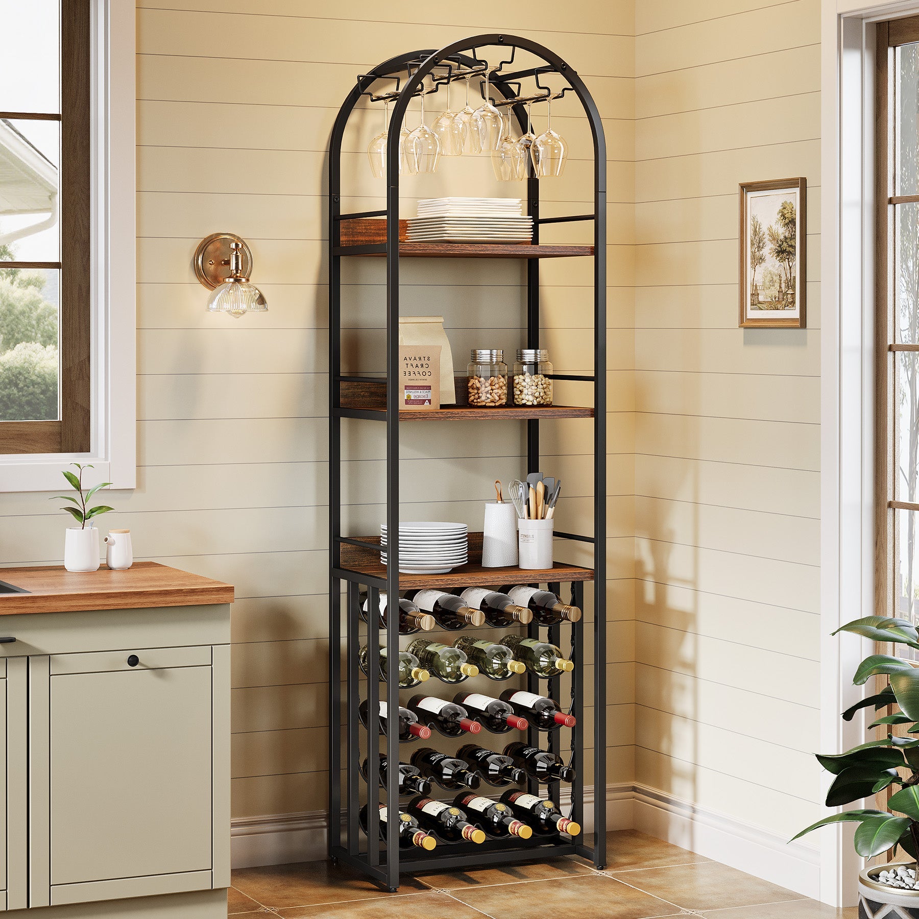 72.04" Tall Wine Rack with Glass Holder, Industrial Metal Wine Storage Stand with Tabletop
