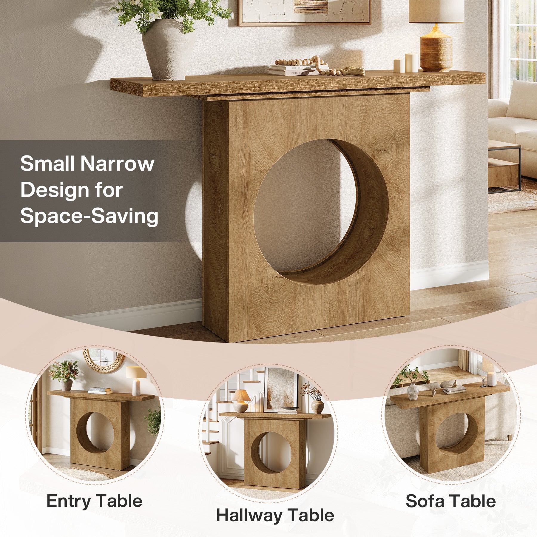 41.3" Narrow Farmhouse Console Table with Round Cutout Design, Slim Entryway Sofa Table