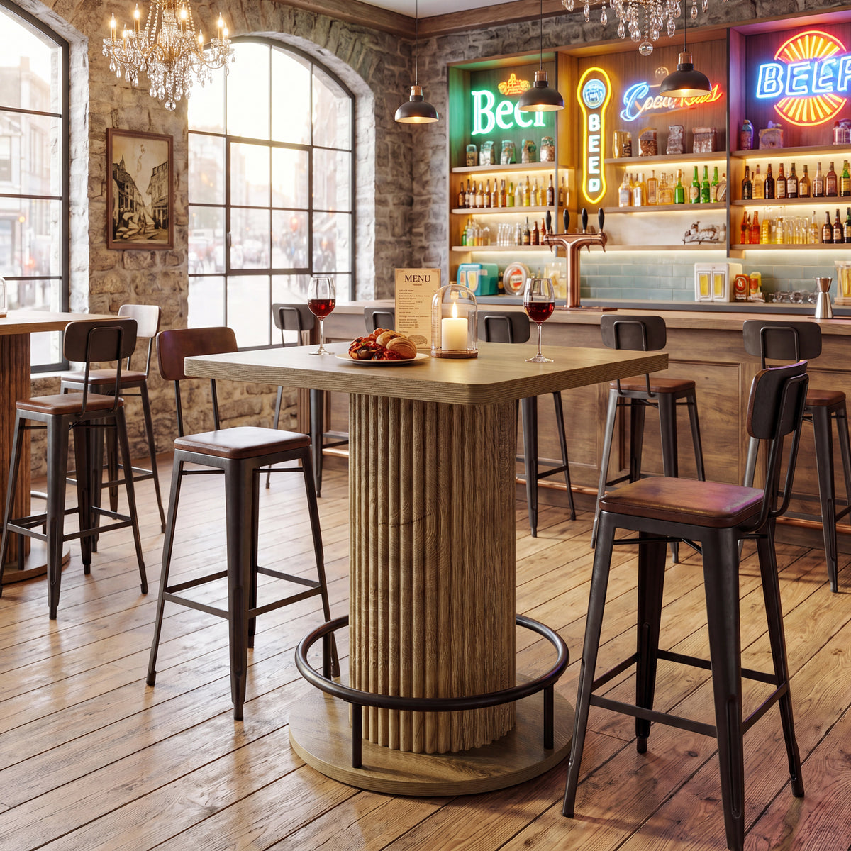 99cm Square Bar Table, Wooden Bistro Table with Footrest for Kitchen & Cafe