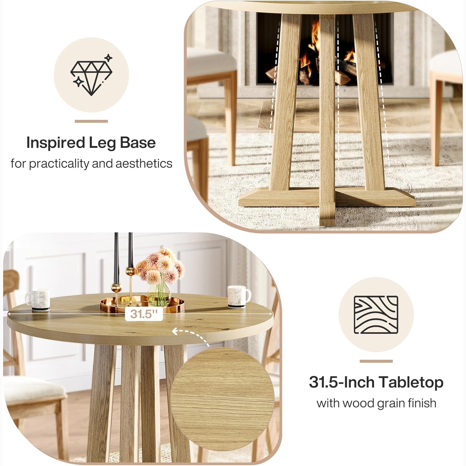 31.5" Round Dining Table, Small Kitchen Table with Sturdy Base for 2-4