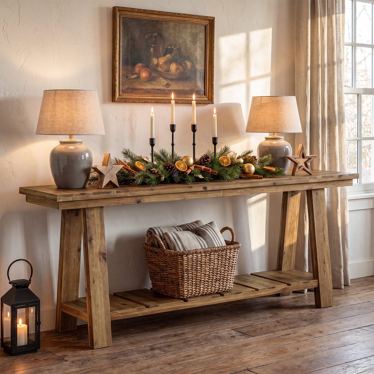 200cm Console Table, Long Farmhouse Entryway Table with 2-Tier Storage Shelf